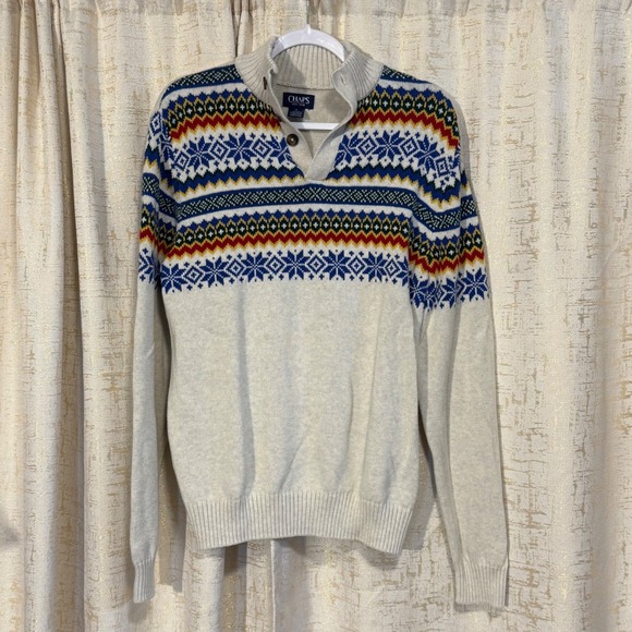 Chaps Men's Medium Long Sleeve Snowflake Button‎ Mock Neck Sweater White Cotton - Picture 1 of 4